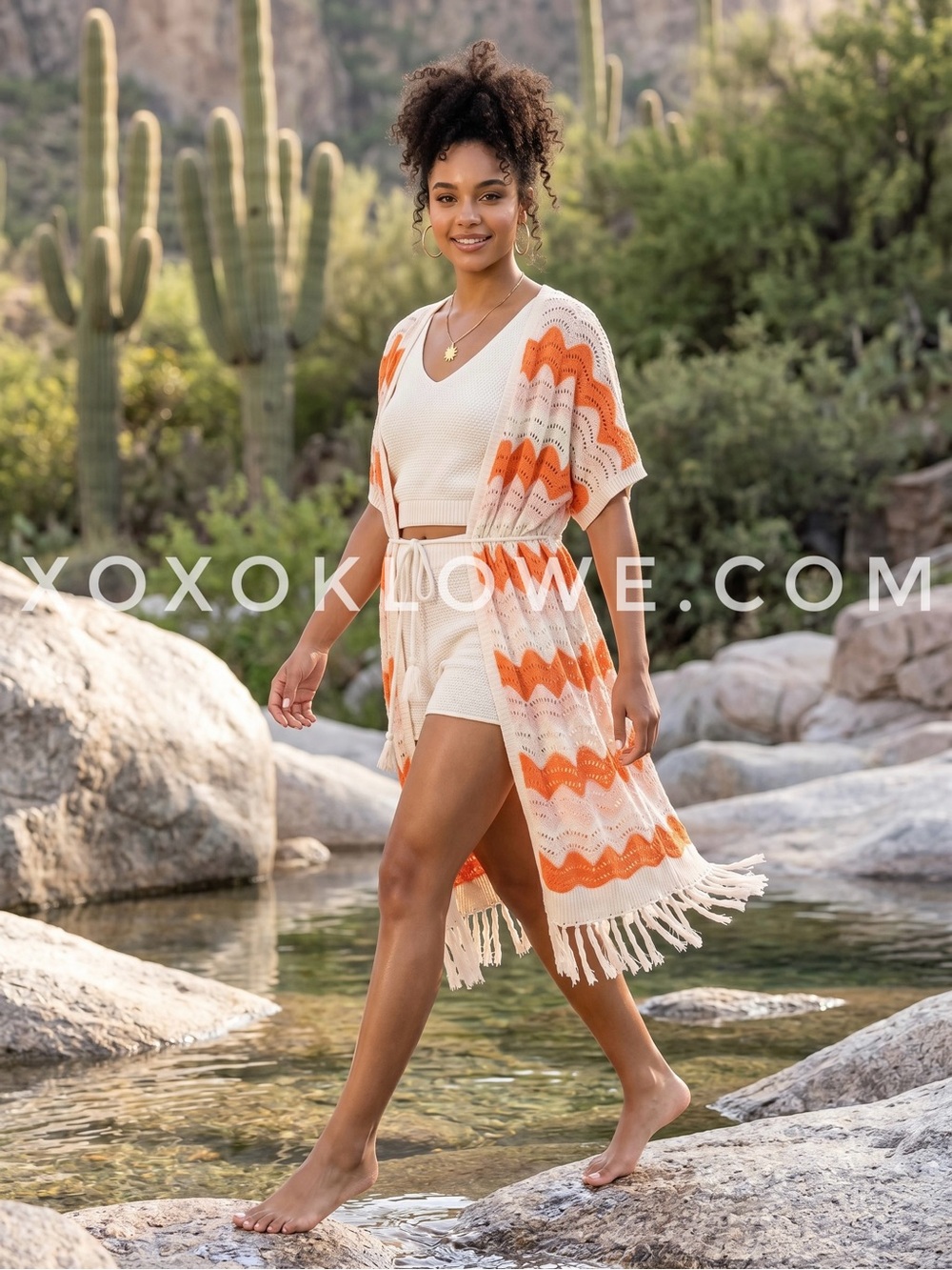 POL Orange Cream Chevron Open Weave Fringe Hem Cardigan | Duster Cover Up
